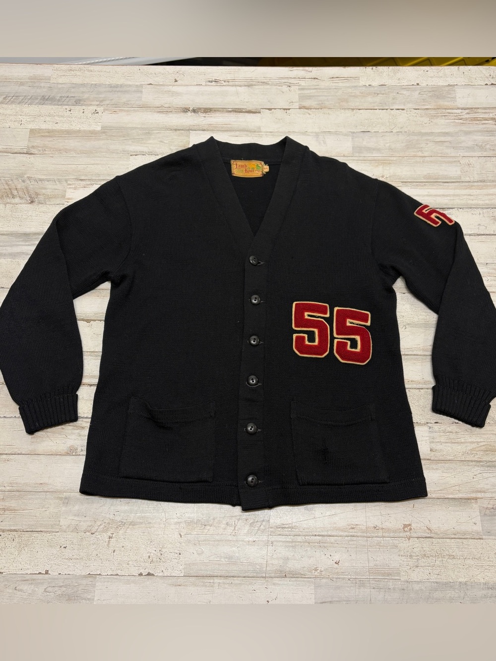 Vintage Lamb Knit Letterman Sweater Black 100% Pure Wool FHS 55 Patches Size 44